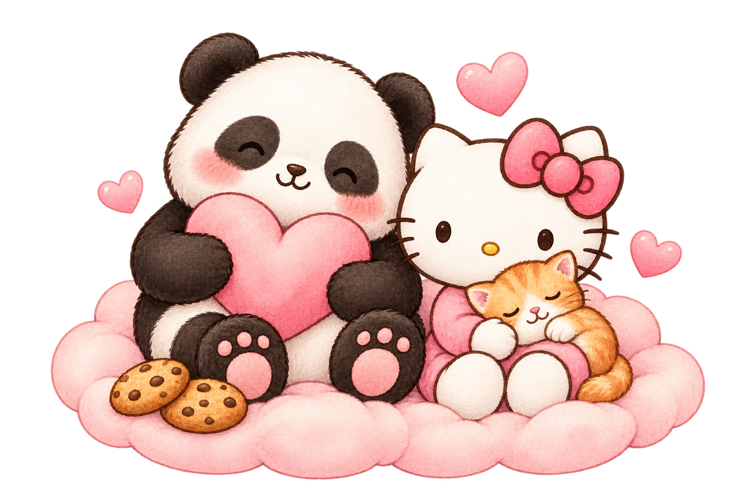 A blushing panda hugging a heart, with Hello Kitty cuddling a sleepy ginger kitten on a pink cushion beside cookies.
